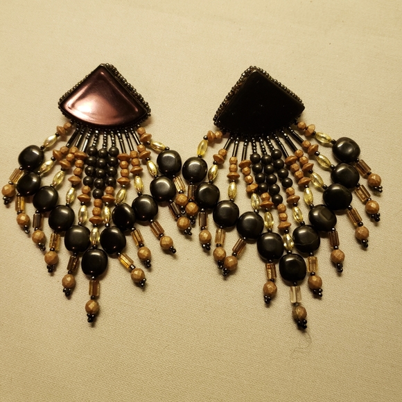 Vtg Leather/Beads Fringe Benefits Earrings - Picture 2 of 5